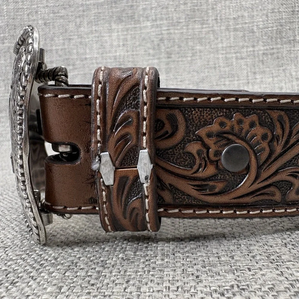 Ariat Mens Brown Floral Tooled Genuine Leather Belt Silver Trophy Buckle NWT